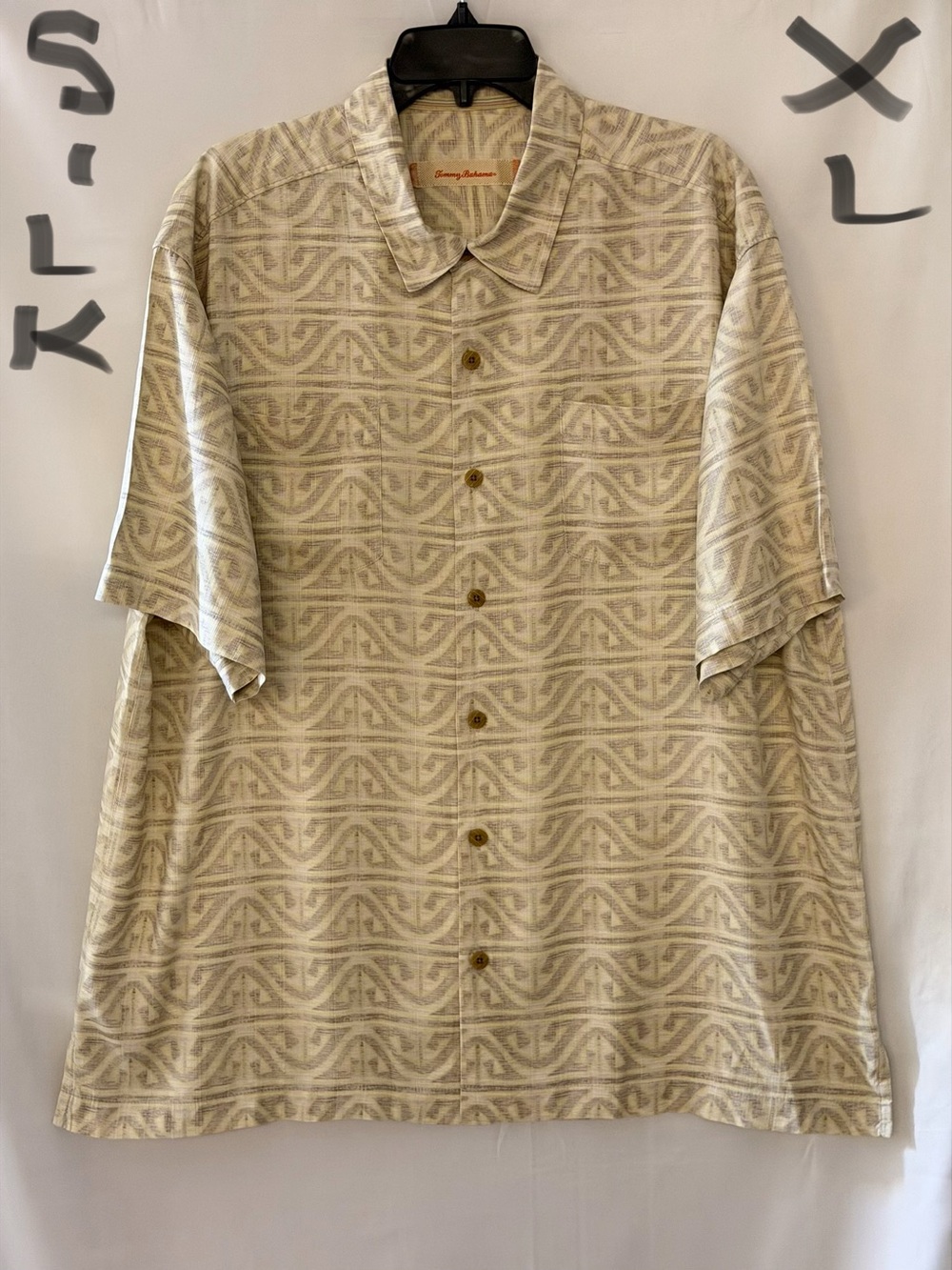 Tommy Bahama Beige and Cream Geometric Short-Sleeve Button Shirt